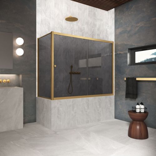 Душевая шторка на ванну Vegas-Glass ZV+ZVF Protec ZV+ZVF Protec 150*90 03 07 150х140 стекло тонированное профиль золото ориентация универсальная