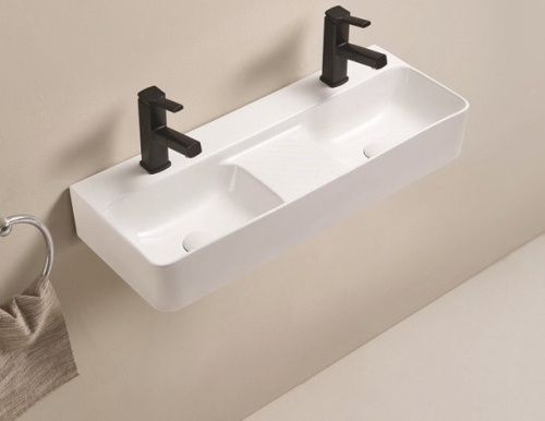 Раковина из санфаянса CeramaLux 78694 81х31 подвесная цвет белый глянцевый 2 отверстия под смеситель