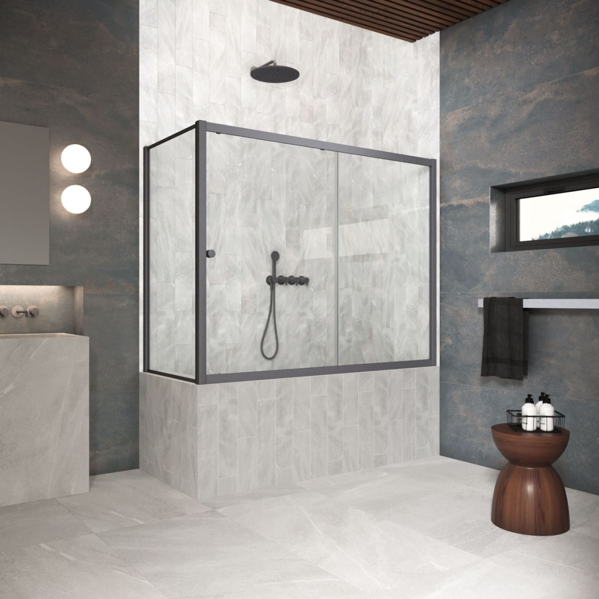 Душевая шторка на ванну Vegas-Glass ZV+ZVF Protec ZV+ZVF Protec 150*90 06 crystalvision 150х140 стекло прозрачное профиль вороненая сталь ориентация универсальная
