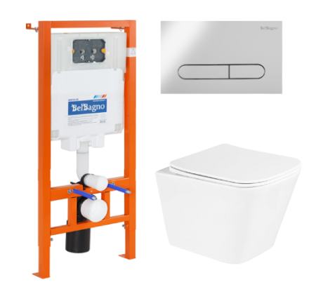 Комплект унитаз с инсталляцией с клавишей смыва BelBagno DUE BB3103CHR/SC/BB002-80/BB005-PR-CHROME