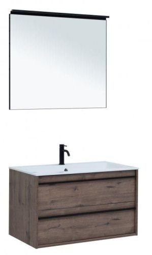 Комплект мебели: тумба с раковиной + зеркало Aquanet Lino 00271958 90х50 подвесной цвет коричневый