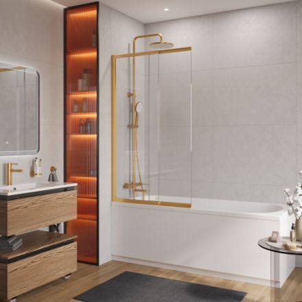 Душевая шторка на ванну Cezares SLIDER SLIDER-FIX-VF-11-90/150-C-BORO 90х150 стекло прозрачное профиль золото брашированное ориентация универсальная