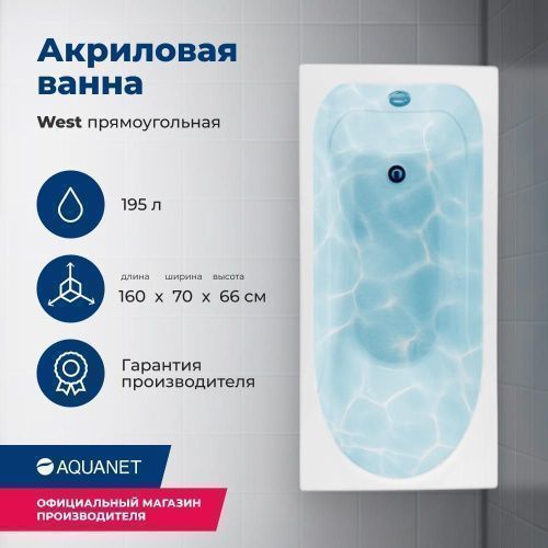 Ванна акриловая Aquanet West 00205564 160х70 пристенная прямоугольная с каркасом