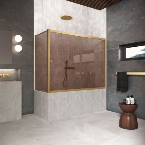 Душевая шторка на ванну Vegas-Glass ZV+ZVF Protec ZV+ZVF Protec 150*90 03 05 150х140 стекло тонированное профиль золото ориентация универсальная