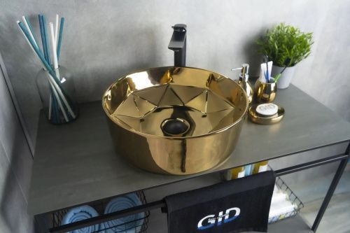 Раковина керамическая Gid 53331 40х40 накладная цвет золото без отверстий под смеситель