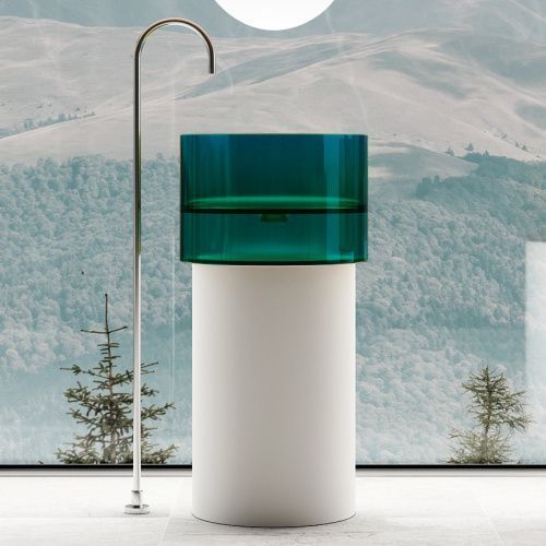 Раковина из полиэфирной смолы Abber KRISTALL AT2701White-Aquamarin 45х45 напольная цвет белый/бирюзовый без отверстий под смеситель