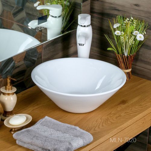 Раковина из сантехнического фарфора Melana 7020-805 43х43 накладная цвет белый без отверстий под смеситель