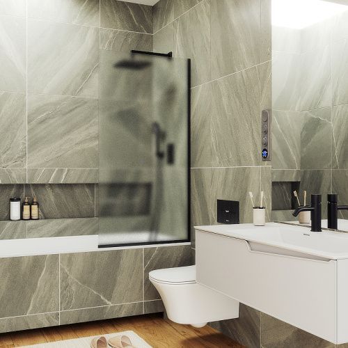 Душевая шторка на ванну Maybah Glass MGV-95-6у 90х140 стекло тонированное профиль черный ориентация универсальная