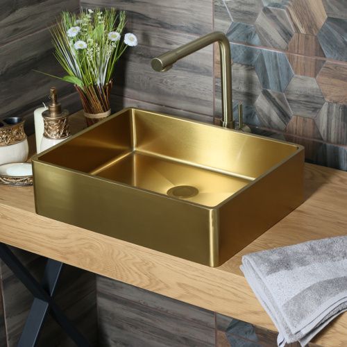 Раковина из нержавеющей стали Melana MLN-D4837G Castle 48х37 накладная цвет золото без отверстий под смеситель