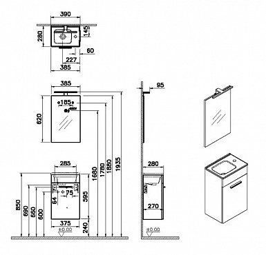 Комплект мебели: тумба 40х39х62 + раковина + зеркало Vitra Mia 75064 подвесной цвет коричневый - фото 2