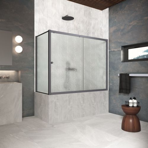 Душевая шторка на ванну Vegas-Glass ZV+ZVF Protec ZV+ZVF Protec 150*90 06 02 150х140 стекло рифленое профиль вороненая сталь ориентация универсальная