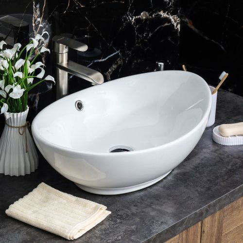 Раковина из сантехнического фарфора Melana 7027A-805 60х39 накладная цвет белый без отверстий под смеситель