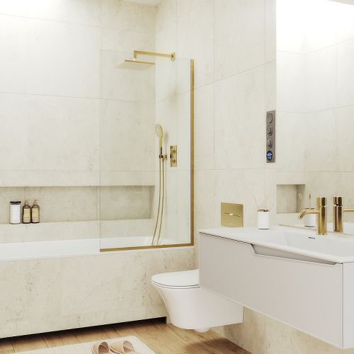 Душевая шторка на ванну Maybah Glass MGV-65-3у 90х140 стекло прозрачное профиль золото глянцевое ориентация универсальная