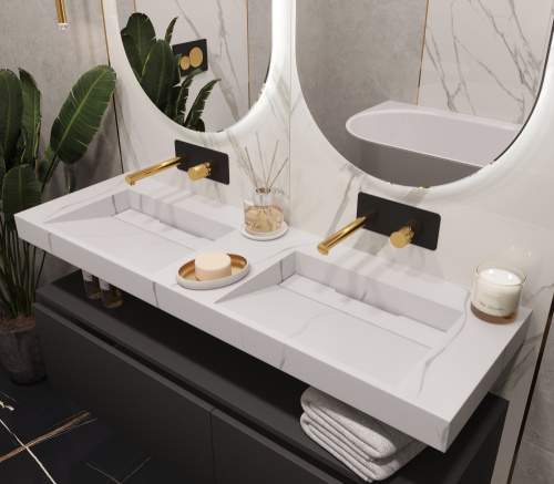 Раковина из искусственного камня Armadi Art Flat 859-140-CLCT 141х45 подвесная цвет белый мрамор без отверстий под смеситель