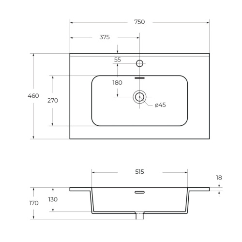 Раковина керамическая Cezares 50201 75х46 подвесная цвет белый 1 отверстие под смеситель - фото 2