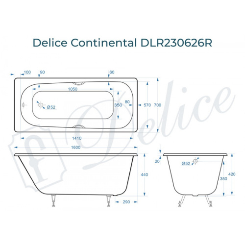 Ванна чугунная Delice Continental DLR230626R 160х70 пристенная прямоугольная без ножек с отверстиями под ручки - фото 2