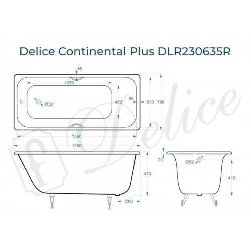 Ванна чугунная Delice Continental PLUS DLR230635R 170х75 пристенная прямоугольная без ножек с отверстиями под ручки - фото 2