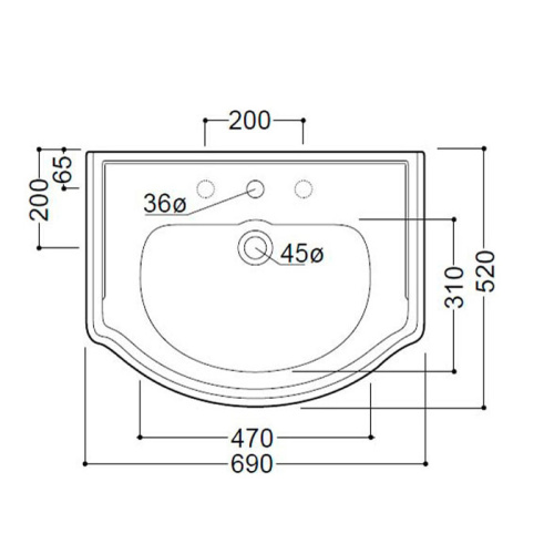 Раковина из сантехнического фарфора Kerasan Retro 104601*3 69х52 подвесная цвет белый 3 отверстия под смеситель - фото 2