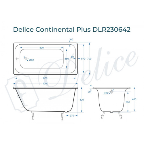 Ванна чугунная Delice Continental PLUS DLR230642 100х70 пристенная прямоугольная без ножек - фото 2