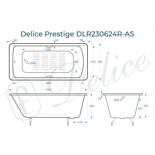 Ванна чугунная Delice Prestige DLR230624R-AS 170х70 пристенная прямоугольная без ножек с отверстиями под ручки - фото 2