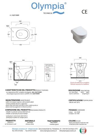 Чаша унитаза приставная Olympia Clear CLE110301 цвет белый без сиденья безободковая
