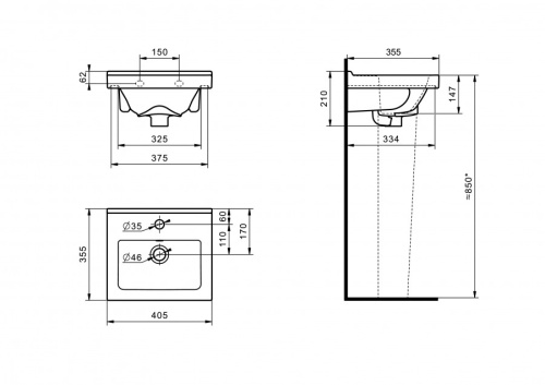 Раковина из сантехнического фарфора Santeri Визит 131177S0011B0 36х41 подвесная цвет белый 1 отверстие под смеситель - фото 5