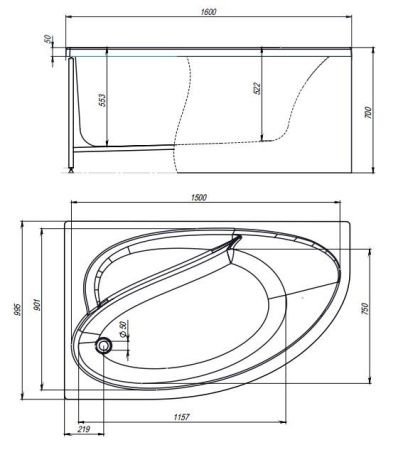 Ванна акриловая гидромассажная Timo IVA IVA1610L-KTIVA16-SPV1505-T-CM-T-BM-T-CT 160х100 пристенная асимметричная с каркасом