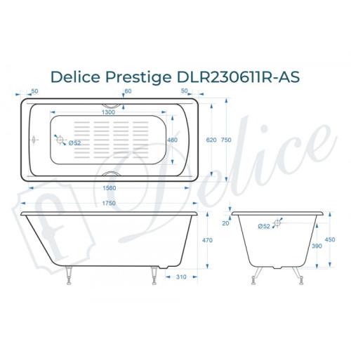 Ванна чугунная Delice Prestige DLR230611R-AS 175х75 пристенная прямоугольная без ножек с отверстиями под ручки - фото 2