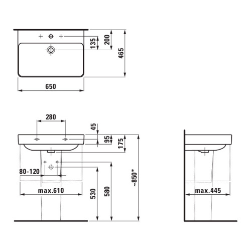 Раковина керамическая Laufen Pro 65 см 8.1096.4.000.104.1 подвесная цвет белый 1 отверстие под смеситель - фото 2