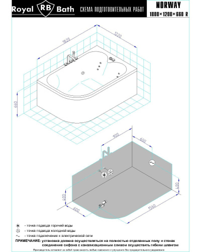 Ванна акриловая гидромассажная Royal Bath NORWAY RB331100DL-R 180х120 пристенная асимметричная с каркасом - фото 3