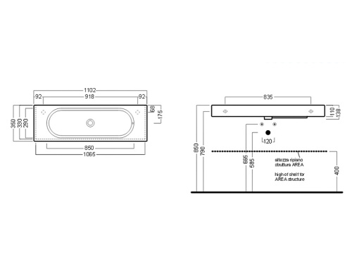 Раковина из санфаянса Hatria AREA Y0W501 110х35 подвесная цвет белый - фото 2