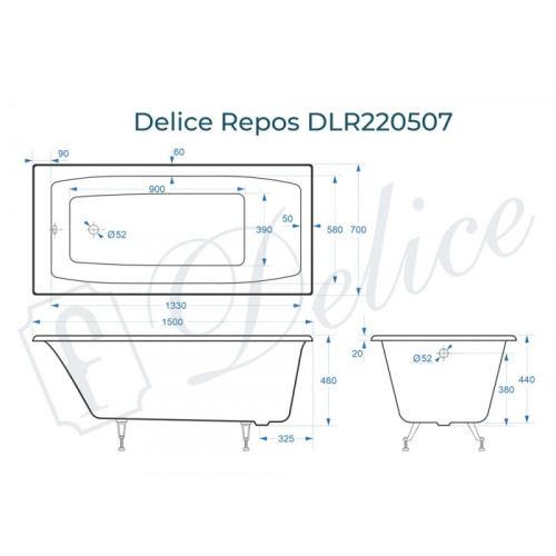 Ванна чугунная Delice Repos DLR220507 150х70 пристенная прямоугольная без ножек - фото 2