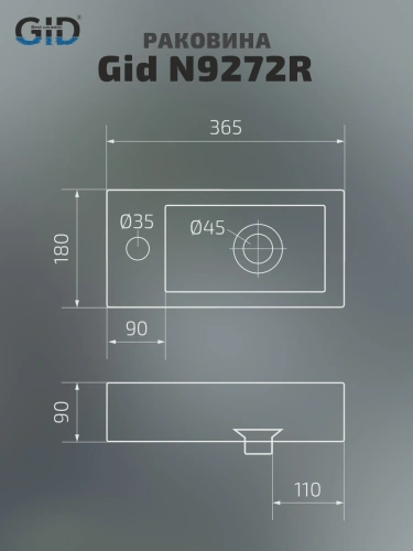 Раковина керамическая Gid Suspendido 61105R 37х18 подвесная цвет белый 1 отверстие под смеситель - фото 2