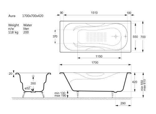 Ванна чугунная Vinsent Veron Aura VAU1707042-AS 170х70 пристенная прямоугольная с ножками - фото 4