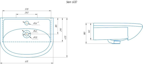 Раковина из сантехнического фарфора Onika Уют 4620008192772 62х47 накладная цвет белый 1 отверстие под смеситель - фото 2