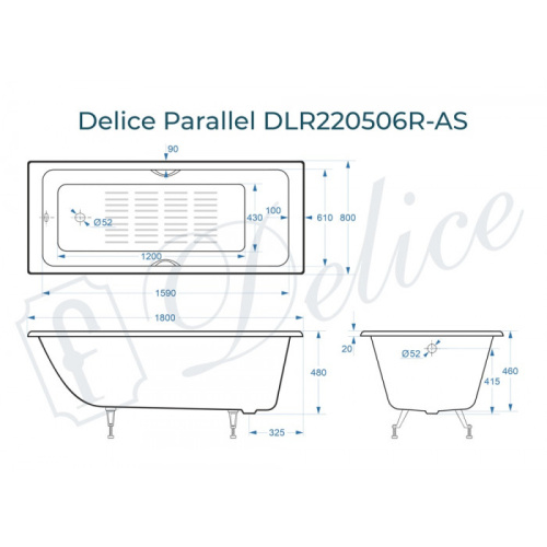 Ванна чугунная Delice Parallel DLR220506RB-AS 180х80 пристенная прямоугольная без ножек с черными матовыми ручками и антискользящим покрытием - фото 2
