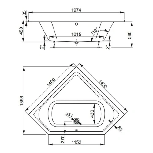 Ванна акриловая Vagnerplast Cavallo VPBA140CAV3X-04 140х140 угловая четверть круга без каркаса - фото 2