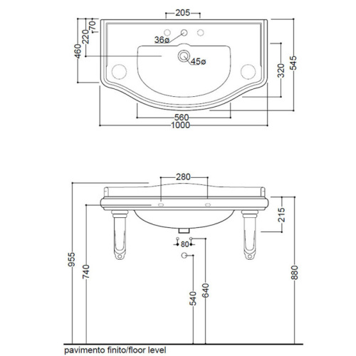 Раковина из сантехнического фарфора Kerasan Retro 105001*1 100х55 подвесная цвет белый 1 отверстие под смеситель - фото 2
