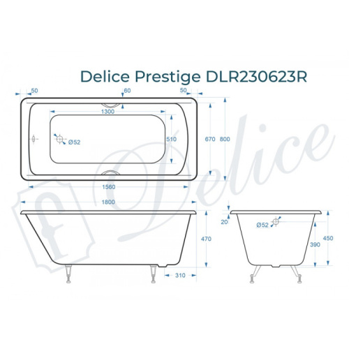 Ванна чугунная Delice Prestige DLR230623R 180х80 пристенная прямоугольная без ножек с отверстиями под ручки - фото 2