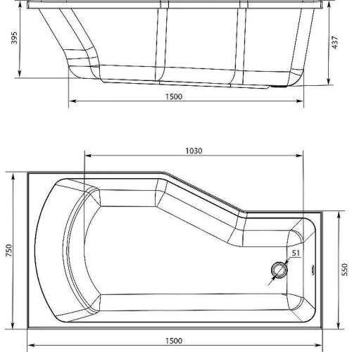 Ванна акриловая 1MarKa Convey 01кон1575л 150х75 пристенная асимметричная без ножек - фото 4
