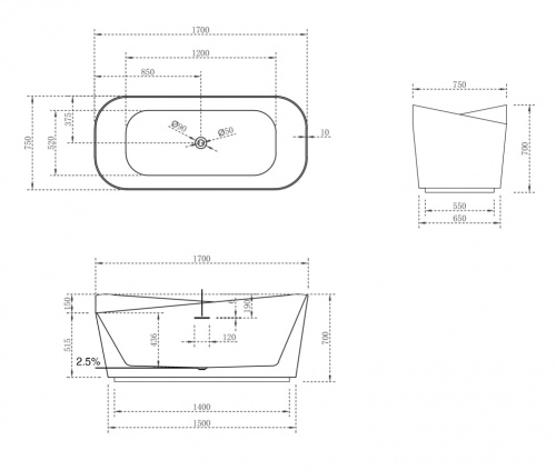 Ванна из искусственного камня Abber Stein AS9609 170х75 отдельностоящая прямоугольная с ножками - фото 5