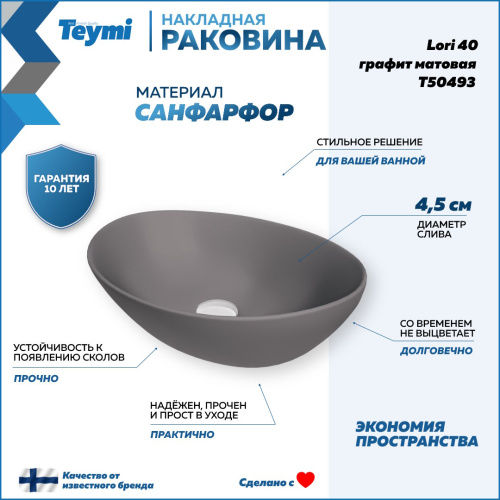 Раковина из сантехнического фарфора Teymi Lori T50493 41х34 накладная цвет серый без отверстий под смеситель - фото 2