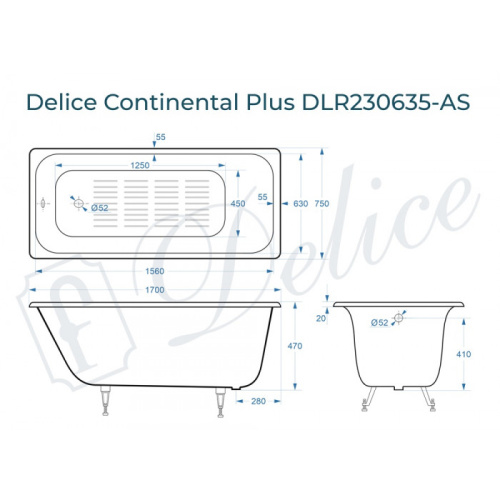 Ванна чугунная Delice Continental PLUS DLR230635-AS 170х75 пристенная прямоугольная без ножек с антискользящим покрытием - фото 2