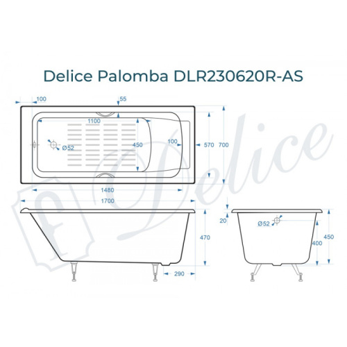 Ванна чугунная Delice Palomba DLR230620R-AS 170х70 пристенная прямоугольная без ножек с отверстиями под ручки - фото 2