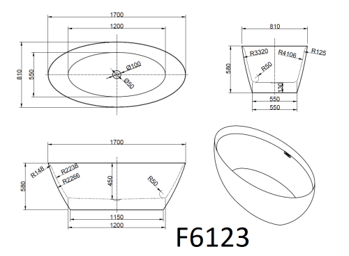 Ванна акриловая Frank 12526 170х81 отдельностоящая овальная с ножками - фото 2