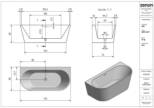 Ванна акриловая Zenon Maracaibo Wall 4000.000.000.000.42157 170х80 пристенная овальная - фото 5