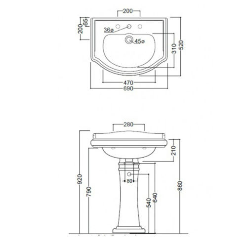 Раковина из сантехнического фарфора Kerasan Retro 104601*1 69х52 подвесная цвет белый 1 отверстие под смеситель - фото 2