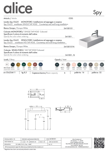 Раковина керамическая Alice Spy 34100101 55х25 подвесная цвет белый глянцевый 1 отверстие под смеситель - фото 5