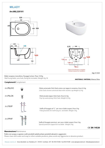 Биде Olympia Milady MIL220123 подвесное - фото 3