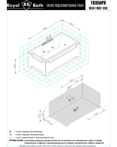 Ванна акриловая гидромассажная Royal Bath TRIUMPH RB665102DL 190х85 пристенная прямоугольная с каркасом - фото 3